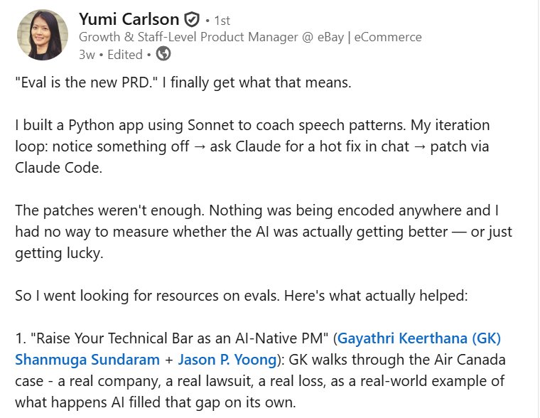 LinkedIn post by Yumi Carlson, Growth and Staff-Level Product Manager at eBay, on 'Eval is the new PRD' and GK walking through the Air Canada case as a real-world example.
